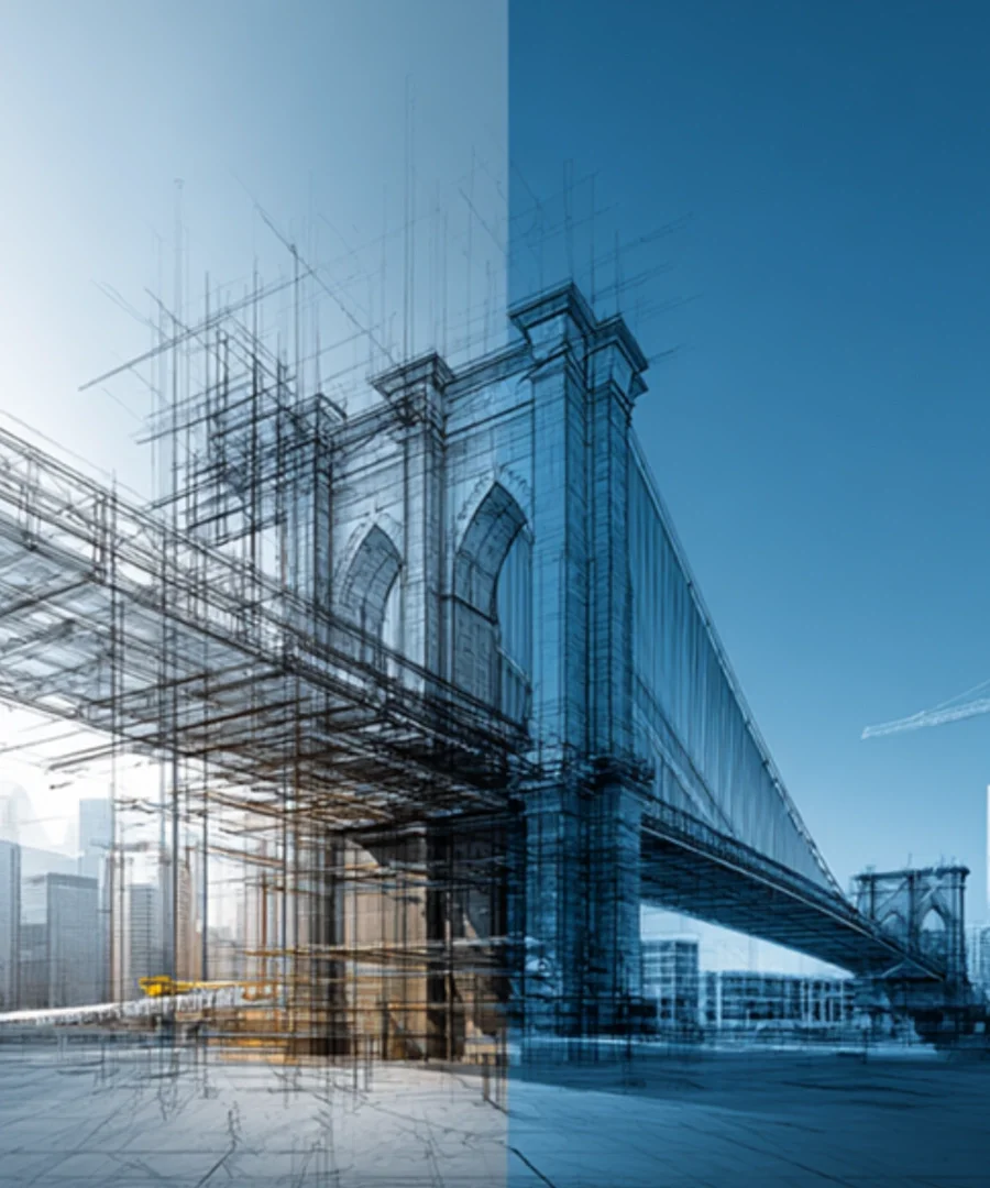 Architectural drawing of a suspension bridge with a city skyline in the background.