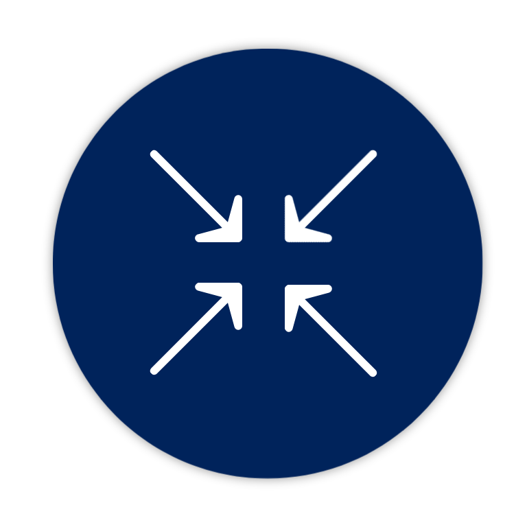 Icon showing four arrows pointing inward towards the center within a navy blue circle, symbolizing focus or zoom-in action.