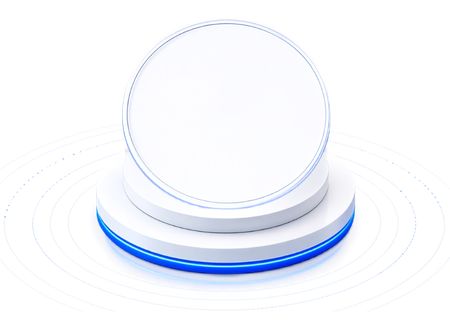 A white spherical object placed on a round platform with blue and white illuminated rings underneath.