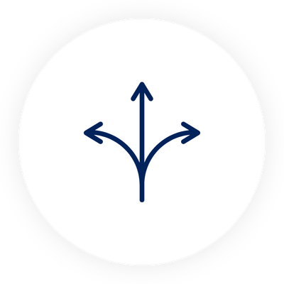 A white circle containing a black symbol with a vertical arrow pointing up and three arrows branching out to the left, right, and down.