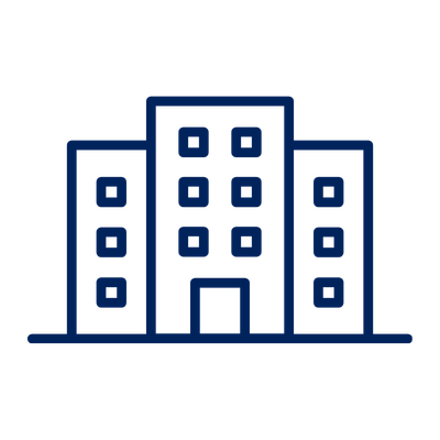 Outline drawing of multi-story apartment buildings with several windows.