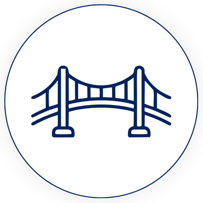 Icon of a suspension bridge, depicted with two towers and cables, inside a circle.