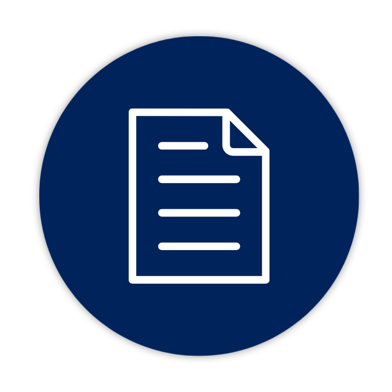 Icon of a document with lines, inside a dark blue circle.