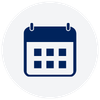 Calendar icon with a blue border and grid of dates on a white background.