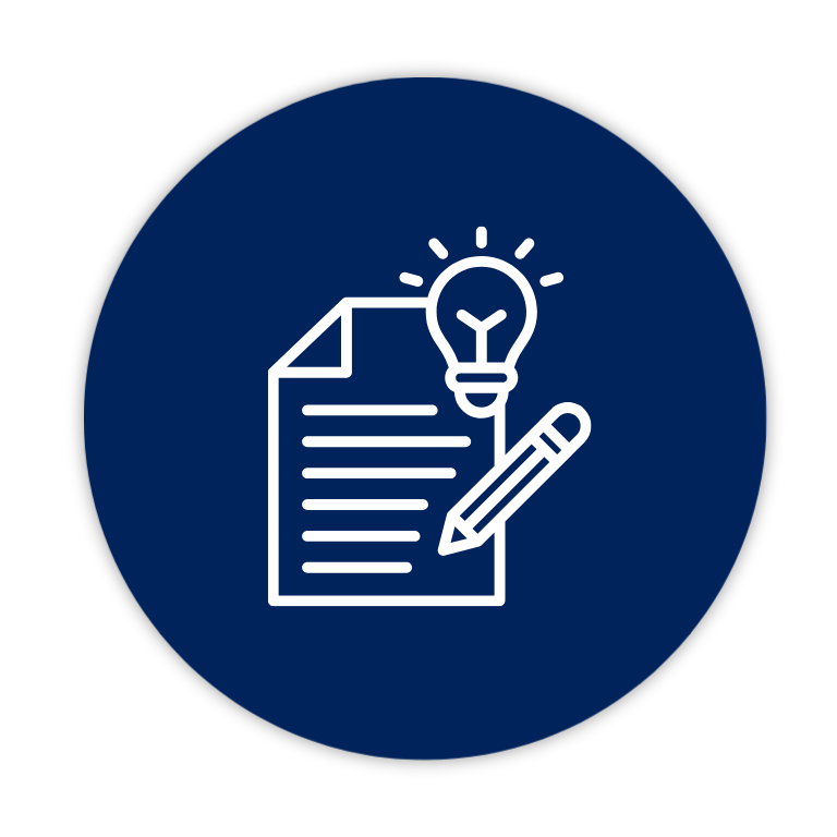 Icon of a document with lines of text, a light bulb above it indicating ideas, and a pencil suggesting writing or editing, all within a dark blue circle.