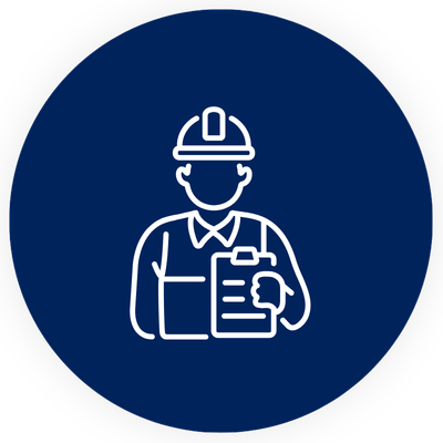Icon of a construction worker wearing a hard hat, holding a clipboard