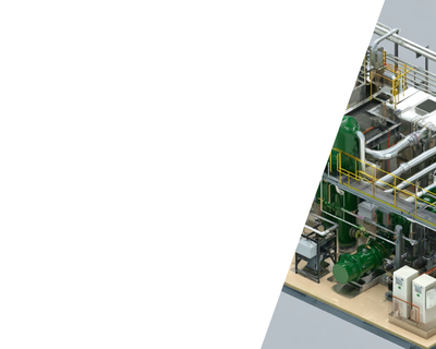 Industrial piping and machinery with green tanks and metal frameworks.