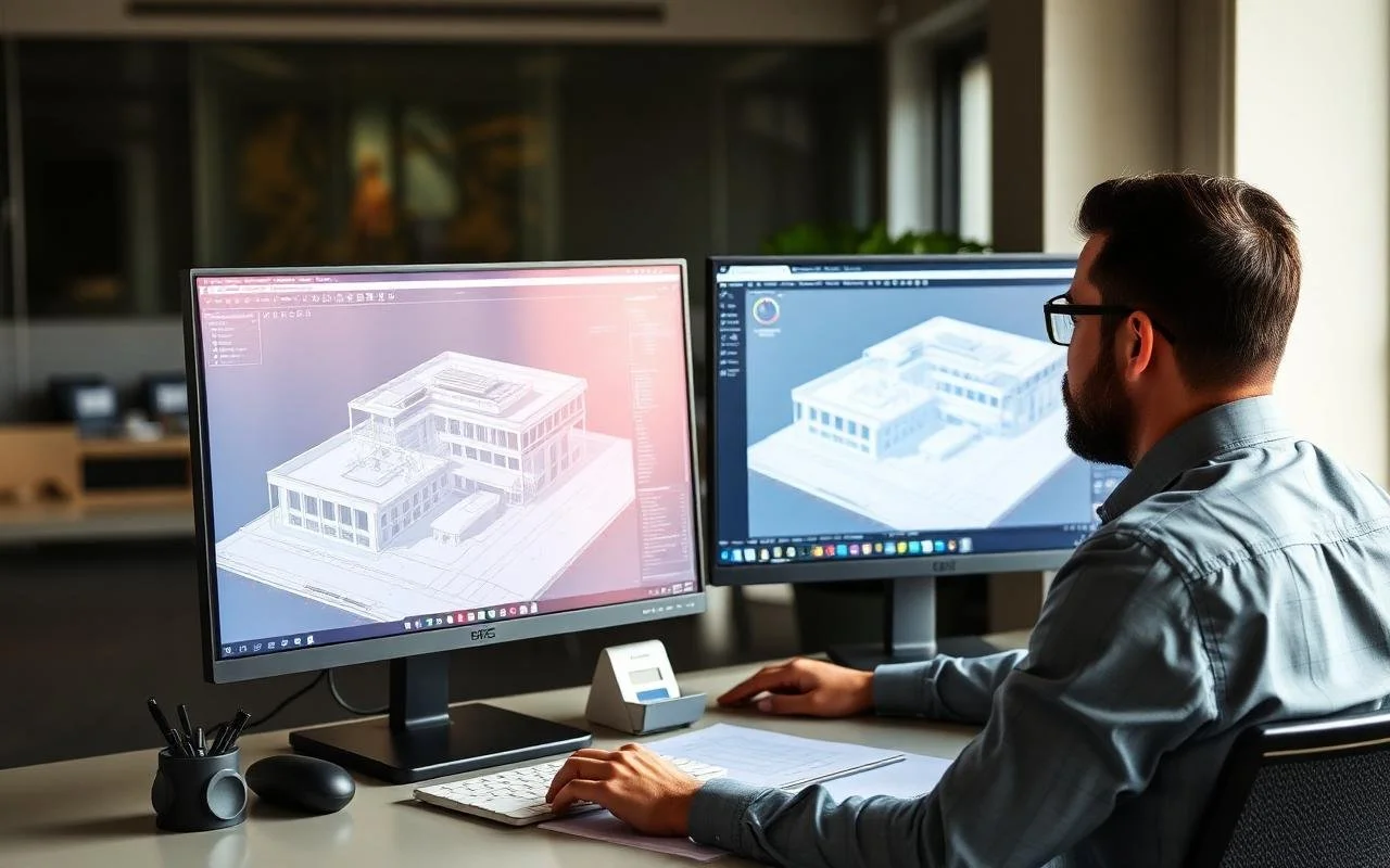 A man working on a 3D building model on dual computer monitors in an office.