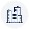 Line drawing of tall city buildings in blue and white
