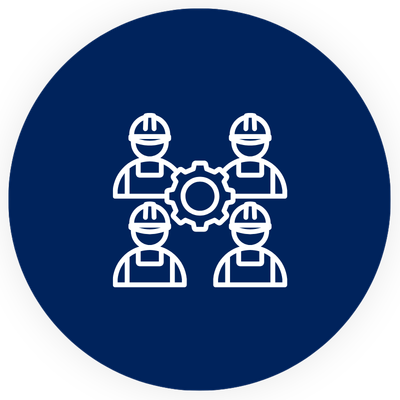 Icon of four workers wearing helmets with a gear in the center, symbolizing teamwork or industrial cooperation.