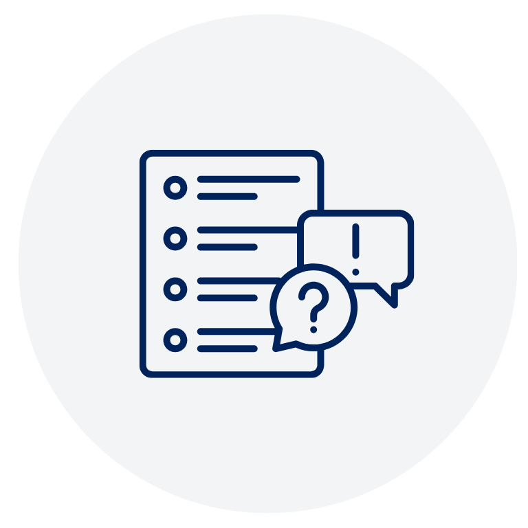 Icon of a checklist with two speech bubbles, one containing an exclamation mark and the other with a question mark.