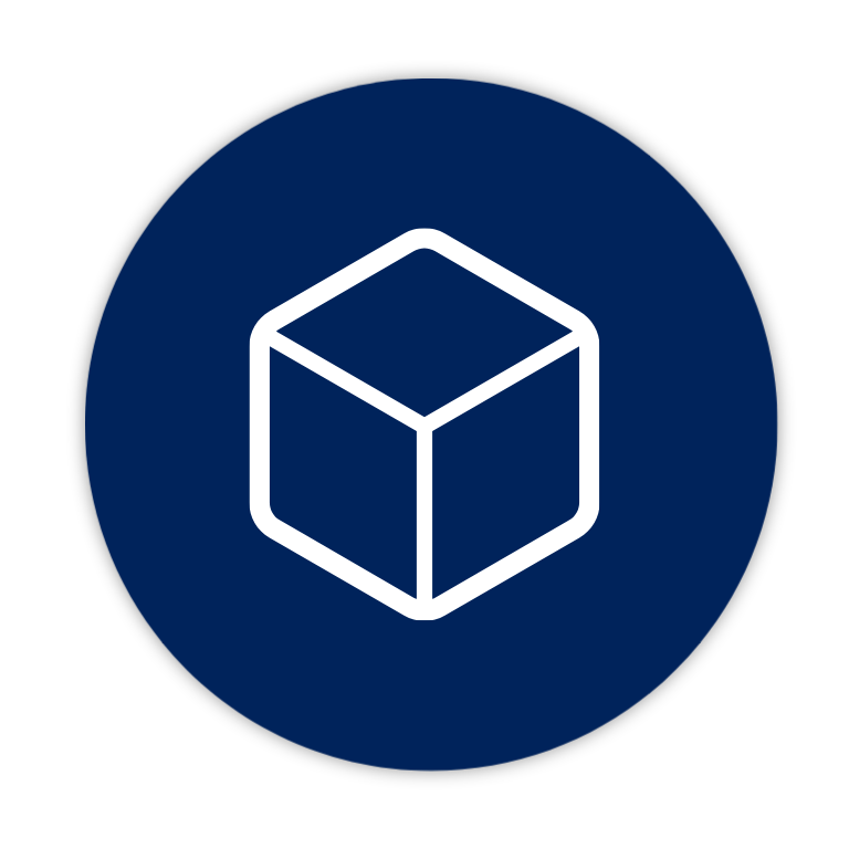 Icon of a white 3D cube on a dark blue circular background