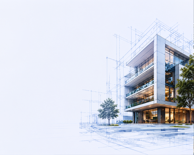 Architectural drawing of a modern building with glass windows and surrounding trees.