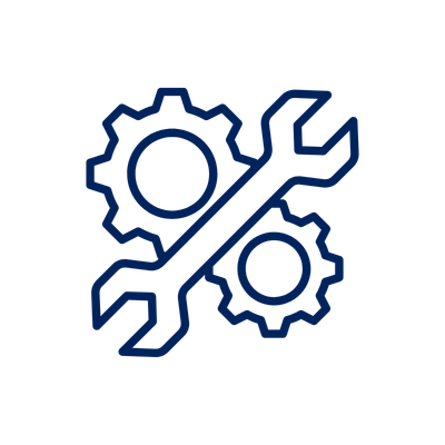 Icon of two blue gears with a wrench and a diagonal line crossing between them.
