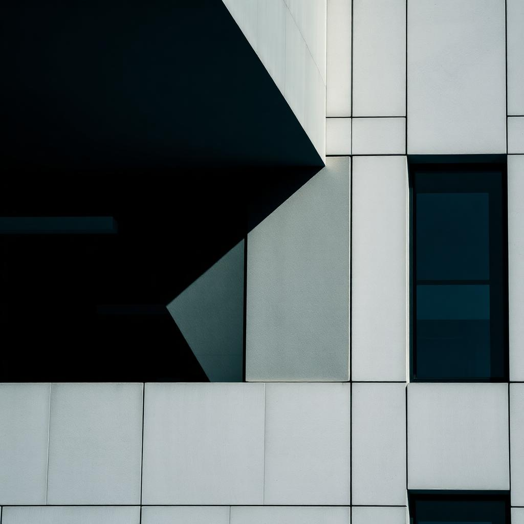 Close-up of a modern building's exterior with clean, geometric white tiles and dark tinted windows, featuring shadows cast by architectural elements.