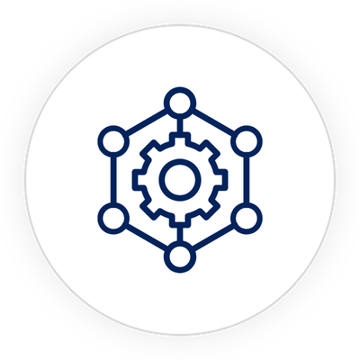 Icon of a gear inside a hexagon with connected circles around it, representing technology or engineering.