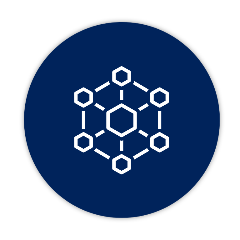 Icon of a molecular structure with hexagons, representing a chemical or scientific concept, on a dark blue circular background.