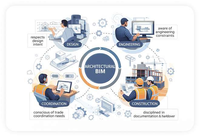 An infographic illustrating the Integrated Architectural BIM process, showing four interconnected phases: Design, Engineering, Coordination, and Construction. Each phase has associated personnel and tasks, such as respecting design intent, being aware of engineering constraints, conscious of trade coordination needs, and disciplined in documentation and handover.