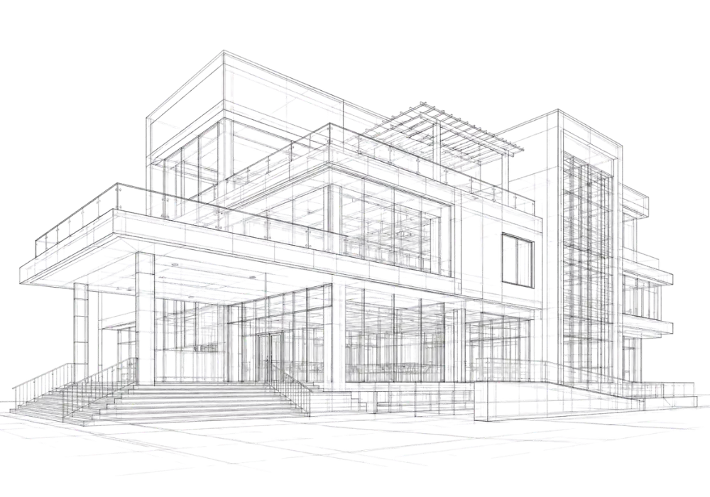 Wireframe model of a modern multi-story house with multiple balconies and large windows.