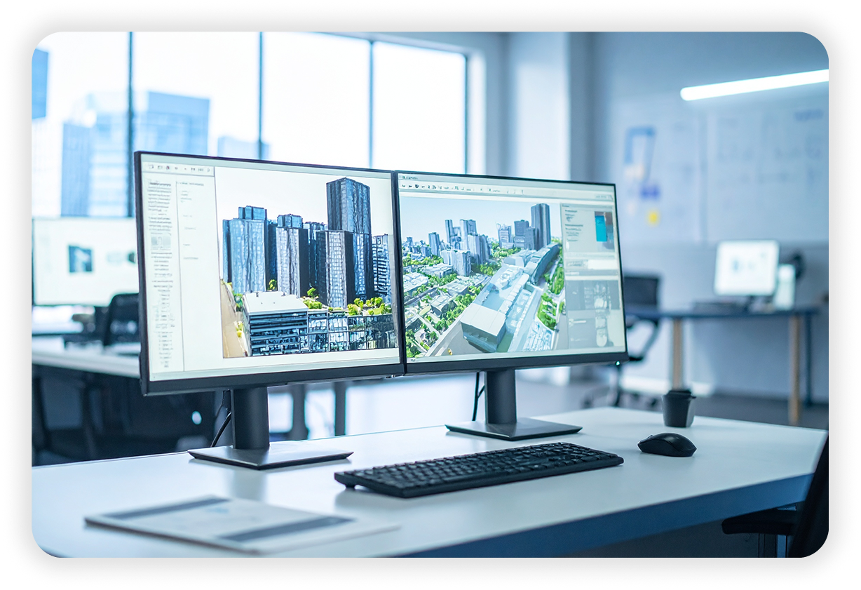 Two computer monitors displaying architectural renderings of a cityscape with high-rise buildings, set on a white desk in a modern office with large windows and sunlight.