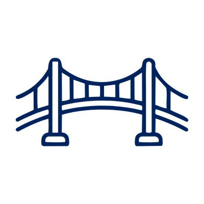 Line drawing of a suspension bridge with cables and towers.
