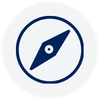 A compass icon with a white background and a blue border