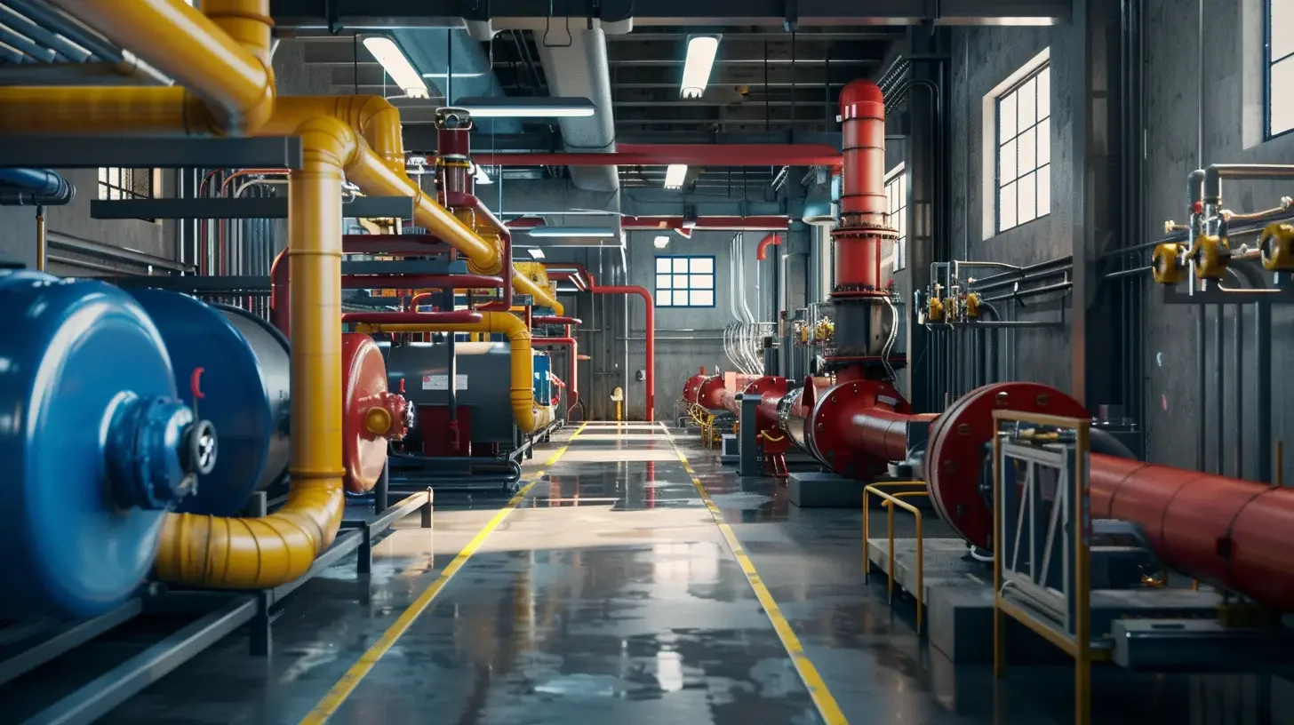 Industrial machinery room with large pipes, tanks, and equipment painted in red, yellow, and blue, with yellow safety lines on a shiny concrete floor and large windows providing natural light.