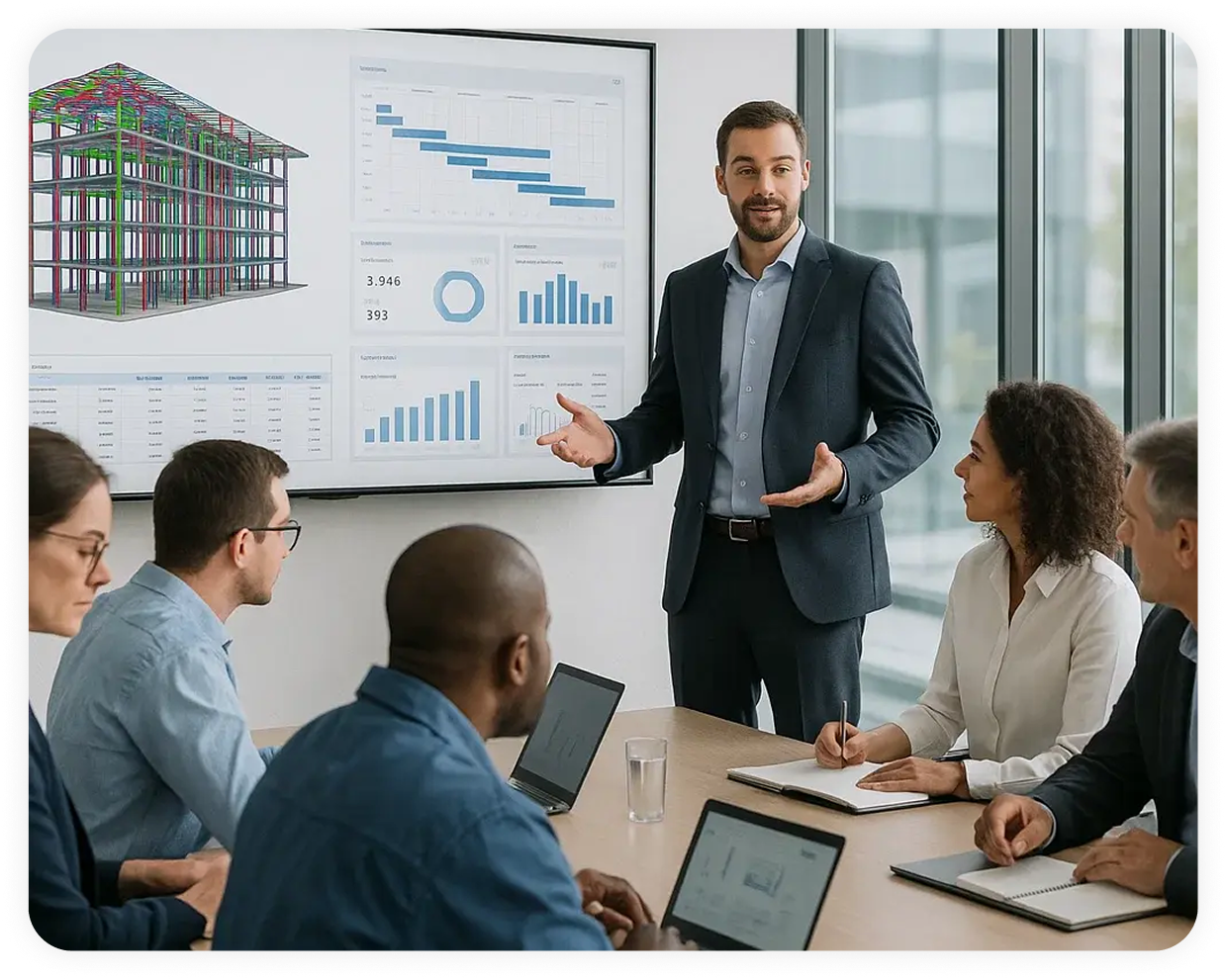 Business meeting with a man presenting data charts and a 3D building model on a screen to a diverse group of five people in a conference room.