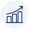 A circular icon with a blue line graph showing increasing bars and an upward trend arrow.