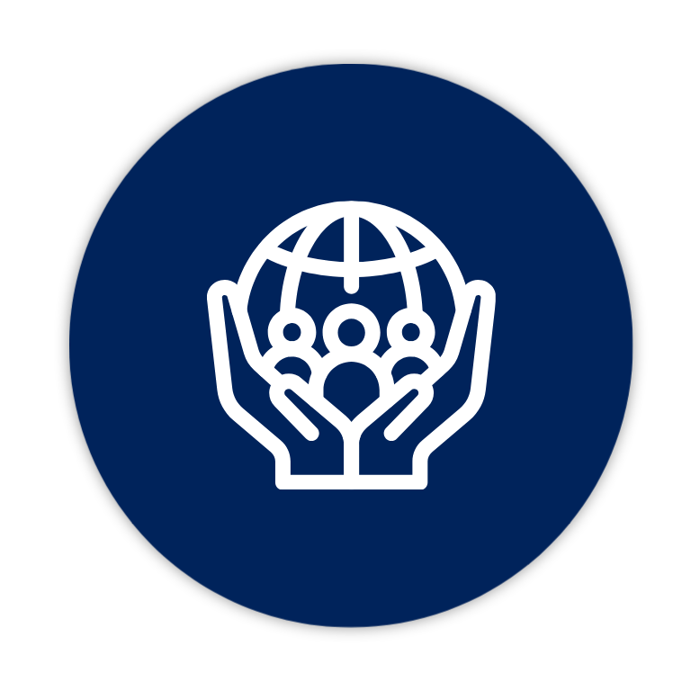 Icon of hands holding a globe with people inside it, symbolizing global community or support.