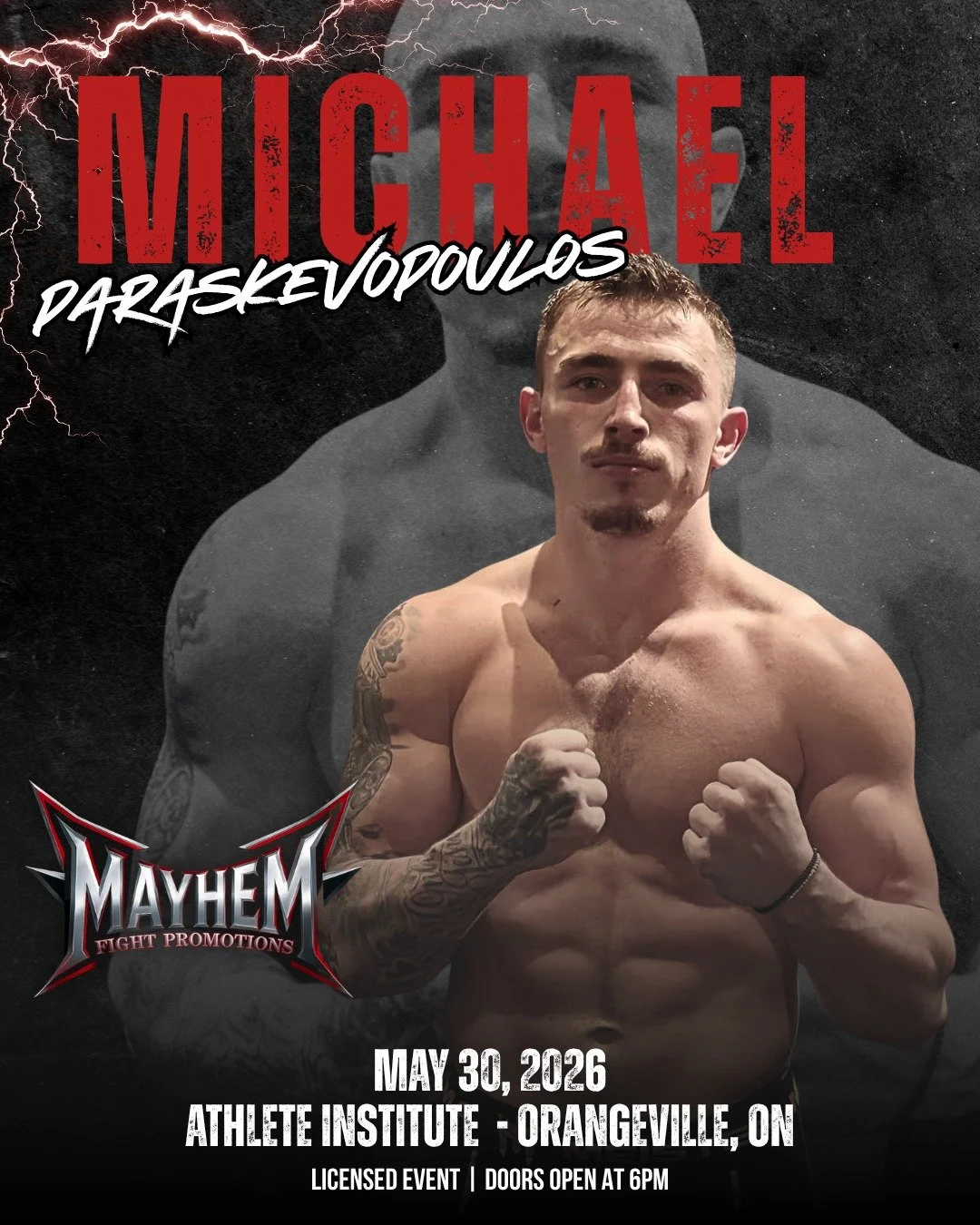 ORANGEVILLE, ON - MAY 30
The energy is building for Orangeville! We are hyped to announce that Michael Paraskevopoulos is officially locked in to step into the cage on May 30th.

Michael is coming to the Athlete Institute to showcase his skills and l