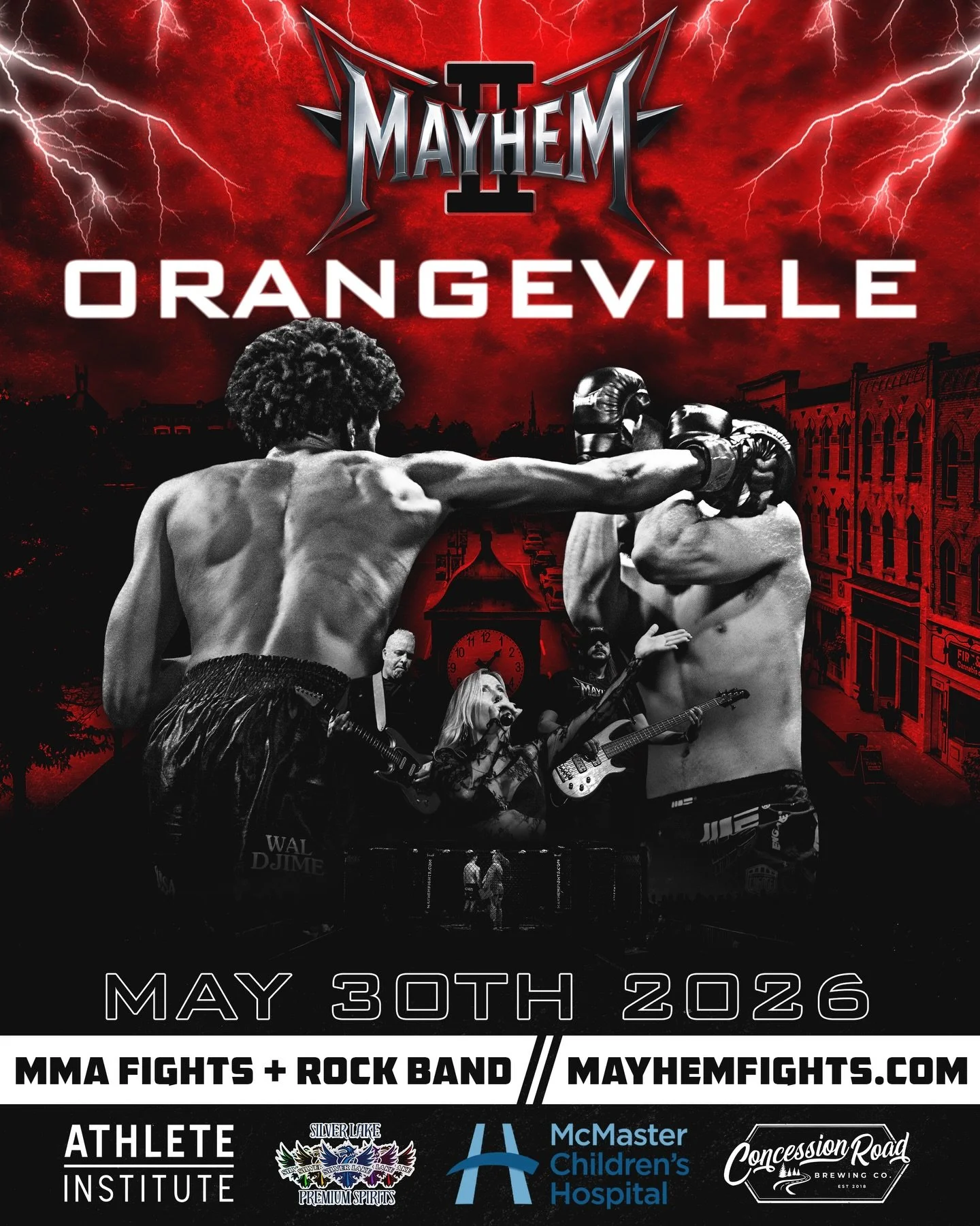 Mayhem lands in Orangeville on May 30th 🔥

Live MMA action from top fighters across Canada 🙌 Plus rock cover intermissions by @Unlocked_Band

Event Schedule:

🚪 6:00 PM - Doors Open + DJ
⚔️ 7:00 PM - Fight Card Part 1/2
🎸 8:30 PM - Live Music
⚔️ 