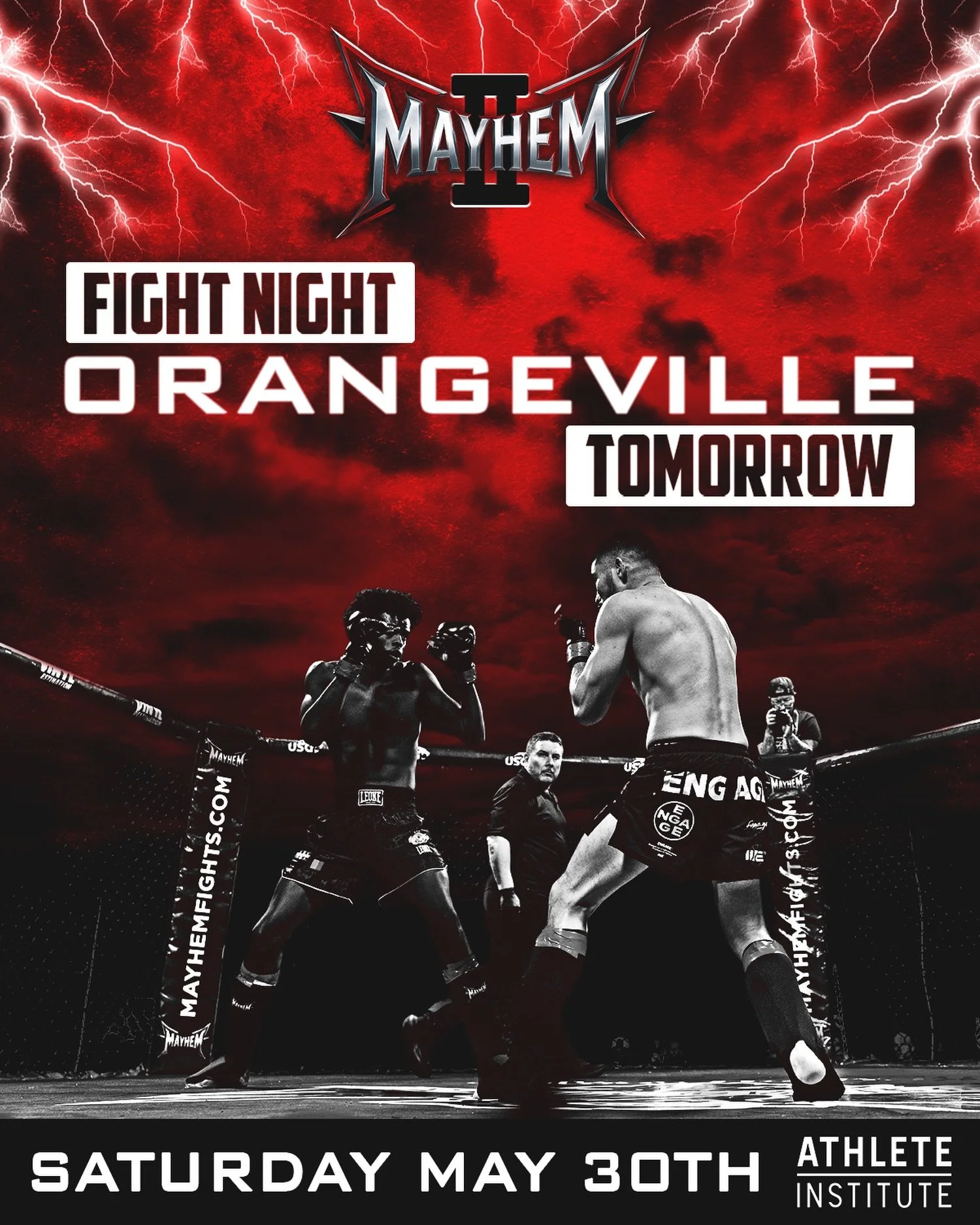 One Day Out from Mayhem 🔥 See you tomorrow night in Orangeville!!

Event Schedule:
🚪 6:00 PM - Doors Open + DJ
🎸 6:45 PM - Live Music
⚔️ 7:00 PM - Fight Card Part 1/2
🎸 8:30 PM - Live Music
⚔️ 9:15 PM - Fight Card Part 2/2
🎸 10:30 PM - Live Musi