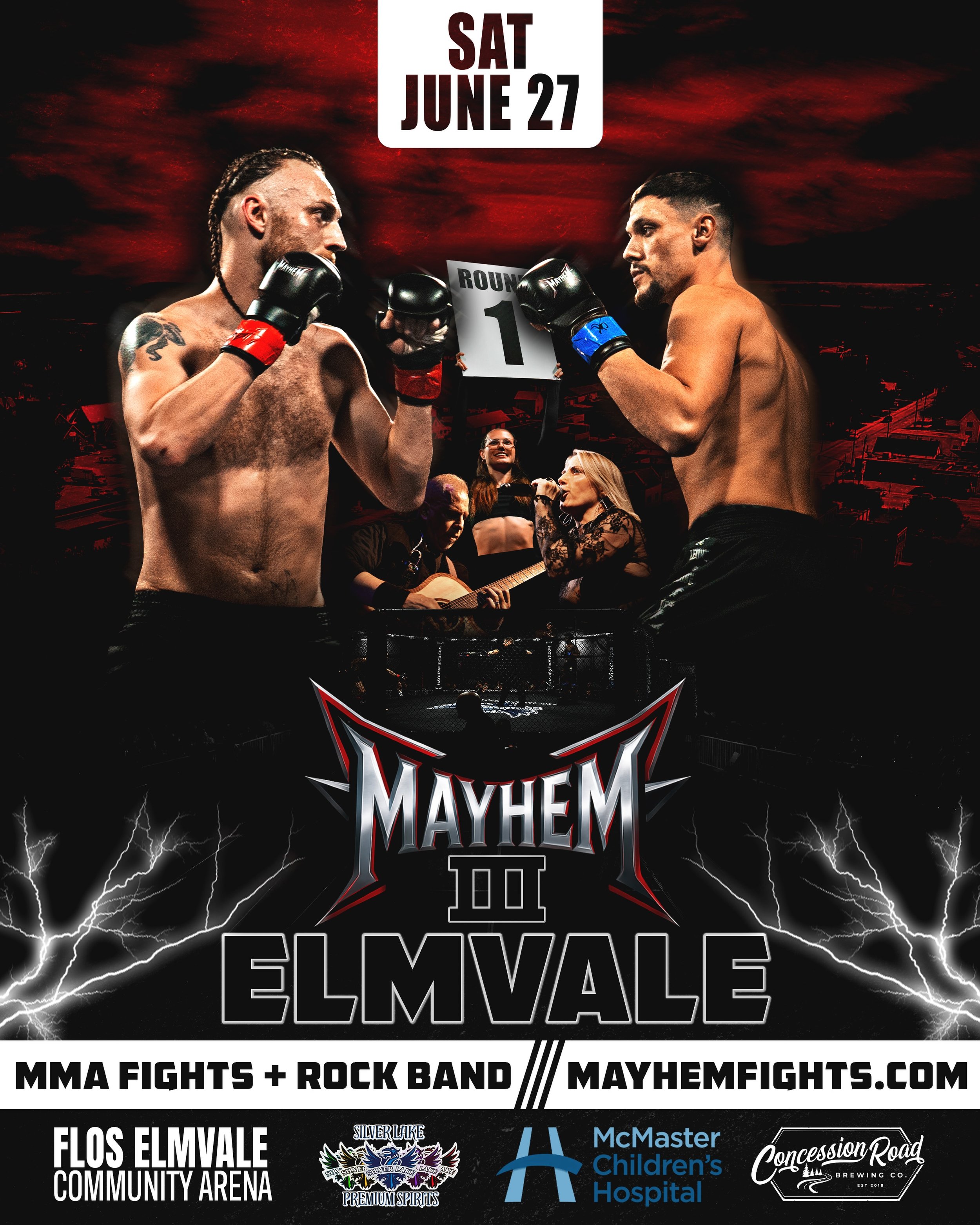 Mayhem III: Elmvale 🔥 @MayhemFights lands in Elmvale on June 27th for our 3rd event of the year!!

Live MMA action from top fighters across Canada 🙌 Plus rock cover intermissions by @Unlocked_Band

Event Schedule:

🚪 6:00 PM - Doors Open + Live Mu