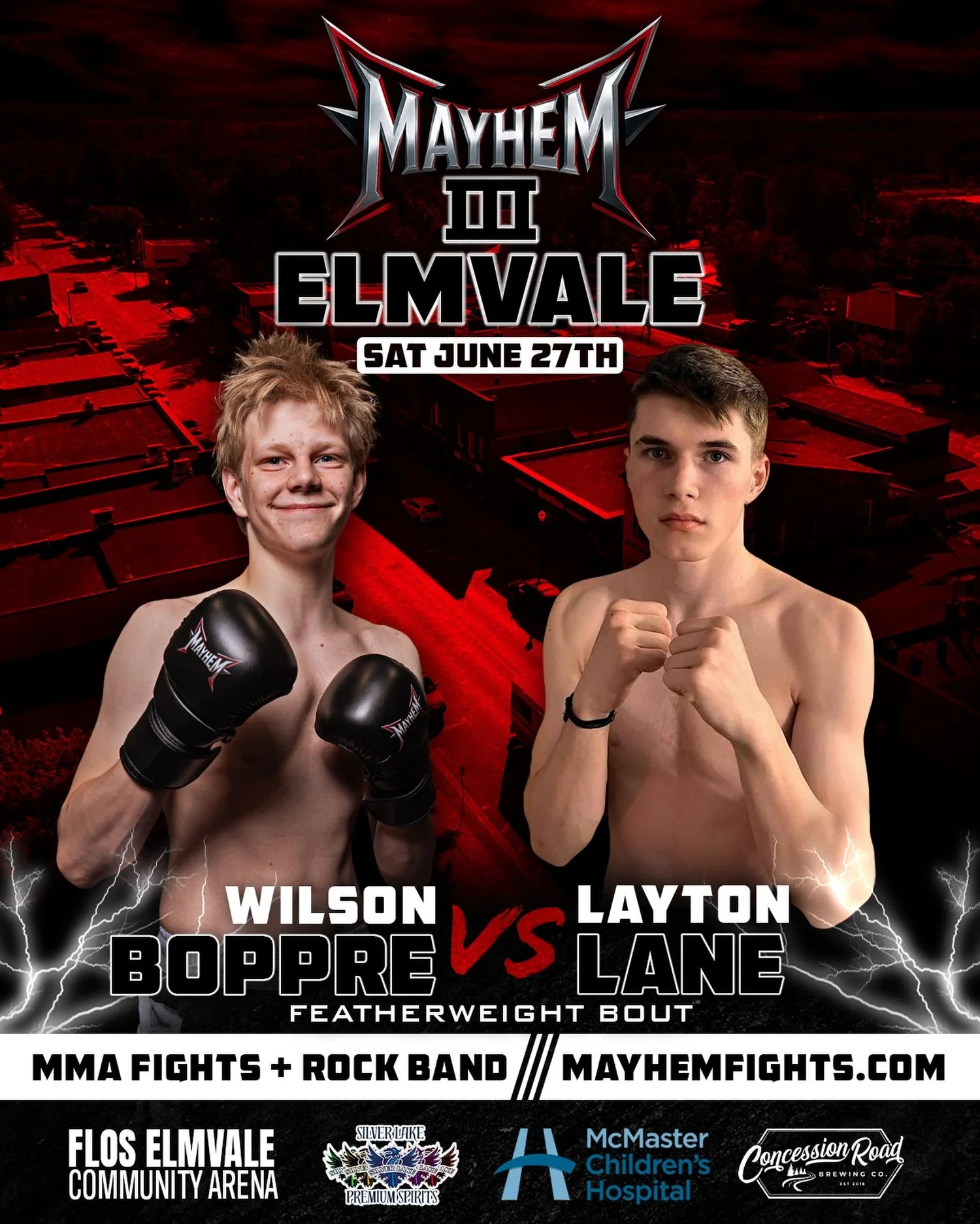 Wilson Boppre vs. Layton Lane 🔥 Featherweight showdown in Elmvale!!

@MayhemFights returns June 27th for another night of MMA and Rock&rsquo;n&rsquo;Roll 👊🎸 

Event Schedule:
🎸&nbsp;6:00 PM - Doors Open + Live Music&nbsp;
⚔️ 7:00 PM - Fight Card 