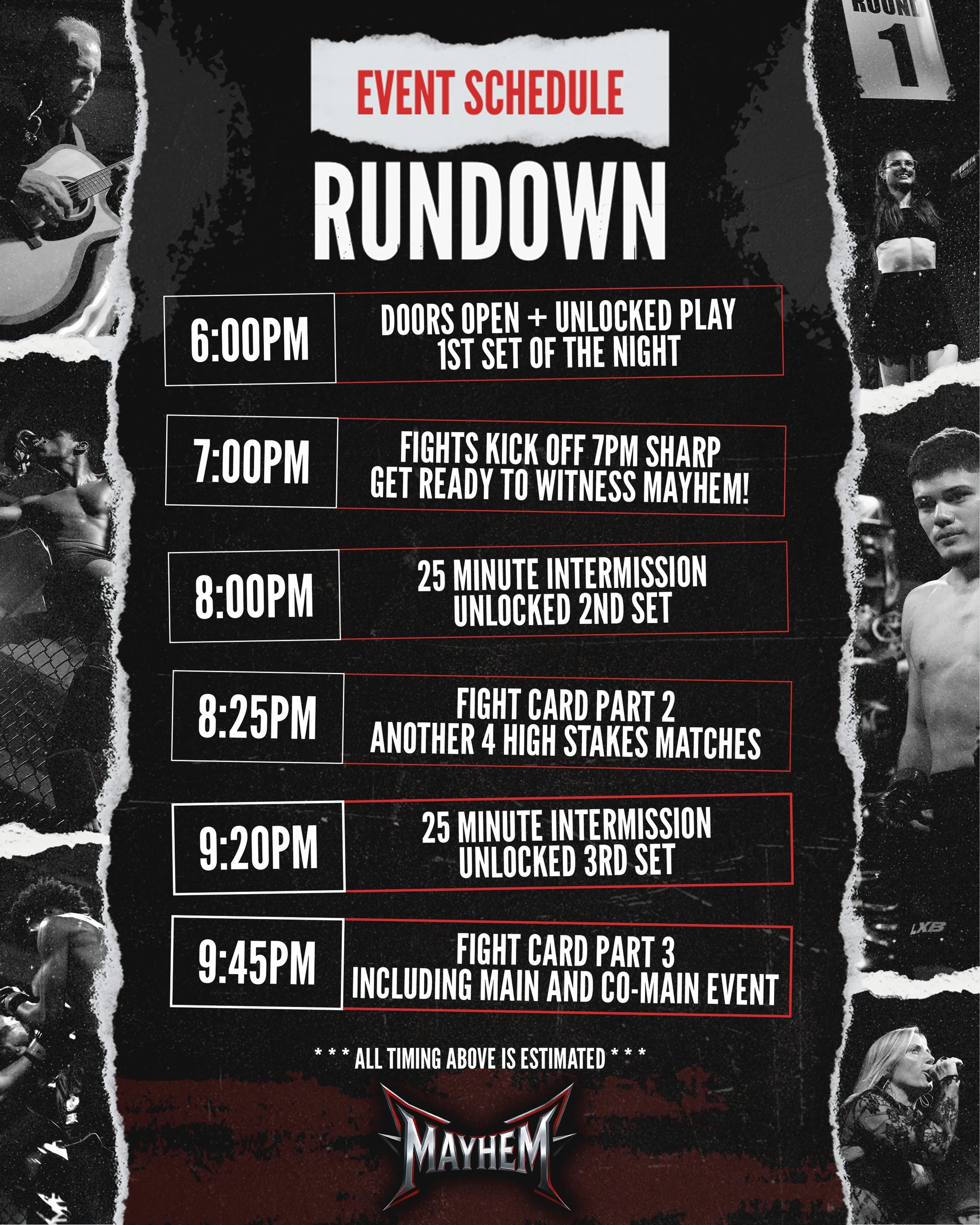 🔥 Updated Event Schedule | What a Night at @MayhemFights Looks Like 🔥

Doors open at 6:00 PM and the switch flips immediately&hellip; No long gaps, no filler, just wall-to-wall action leading into a stacked fight card

This isn&rsquo;t a &ldquo;sho