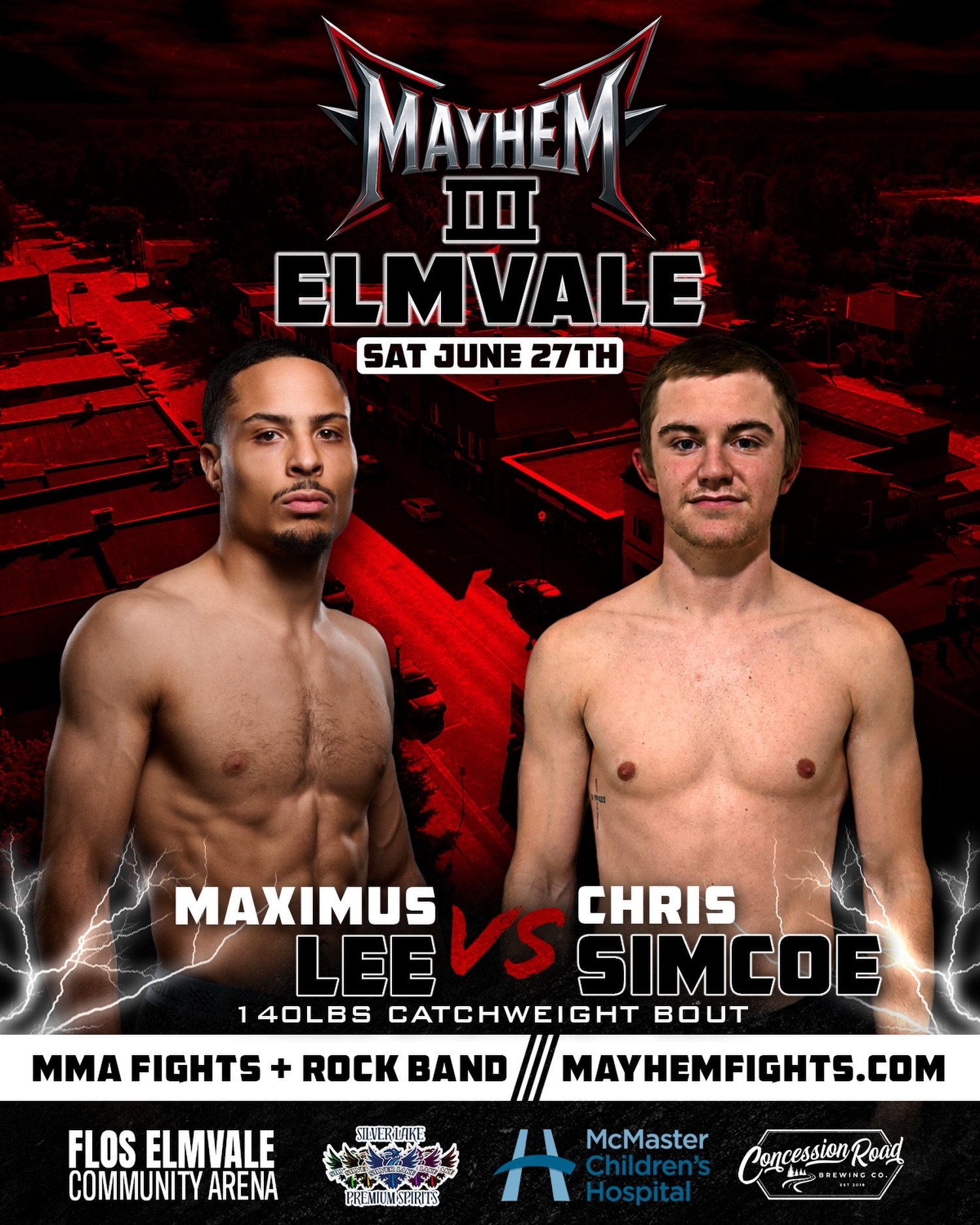 Maximus Lee vs. Chris Simcoe 🔥 Catchweight clash live from the Elmvale Arena!!

Get your tickets now 🎟️ MayhemFights.com

@MayhemFights returns June 27th for another night of MMA and Rock&rsquo;n&rsquo;Roll 👊🎸 

Event Schedule:
🎸&nbsp;6:00 PM - 