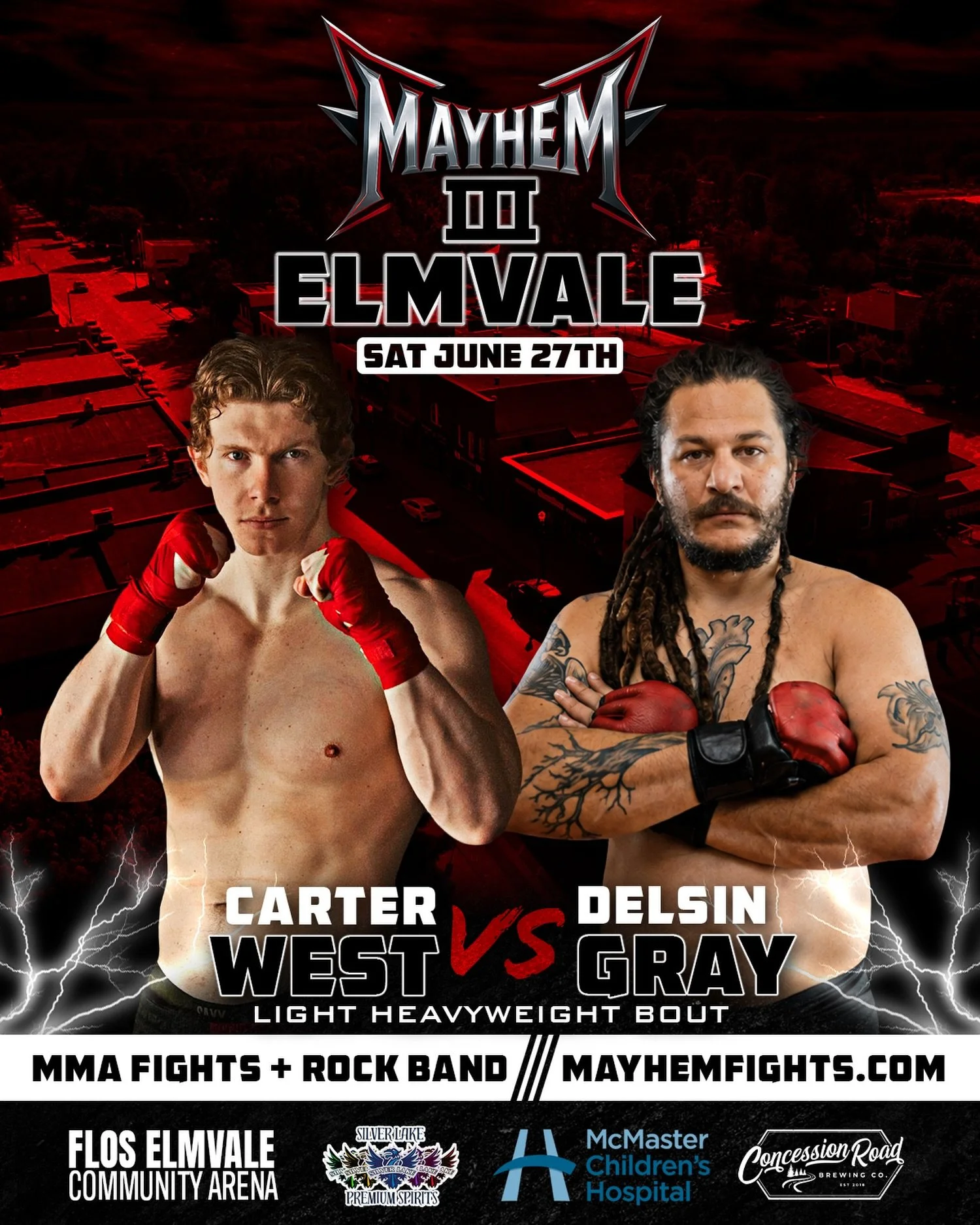 Carter West vs. Delsin Gray 🔥 Light heavyweight clash in Elmvale!

Two heavy hitters collide on June 27th&hellip; don&rsquo;t blink when the cage doors close 👀 

Tickets available now 🎟️ MayhemFights.com

Event Schedule:
🎸&nbsp;6:00 PM - Doors Op