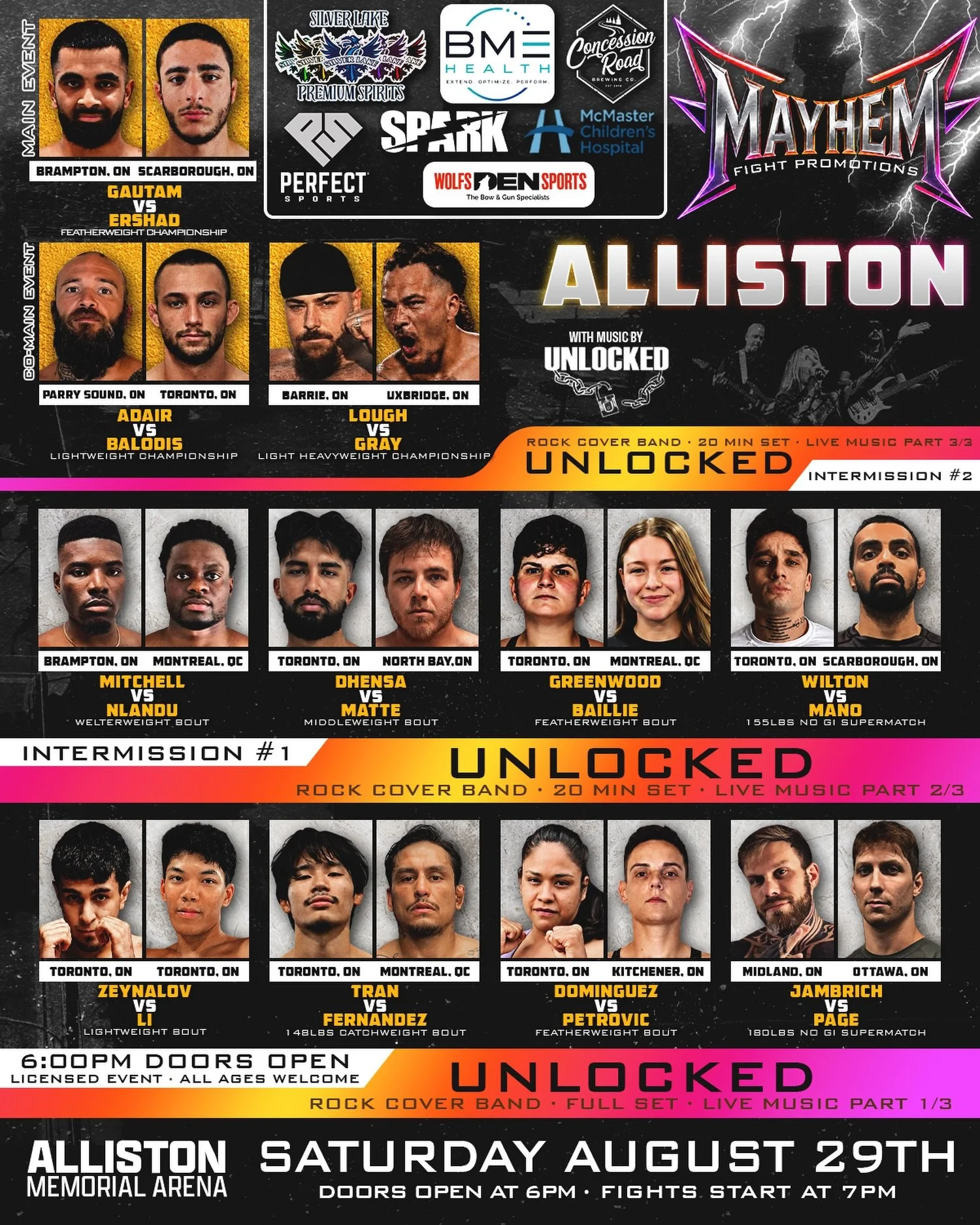 It&rsquo;s Fight Week in Alliston ⚔️ Stacked card coming to the Alliston Memorial Arena on Saturday night!!

🔥 MAYHEM IV: ALLISTON 🔥
Saturday, August 29th | Alliston Memorial Arena
Doors Open 6:00PM

Get ready for a stacked night of action, live en