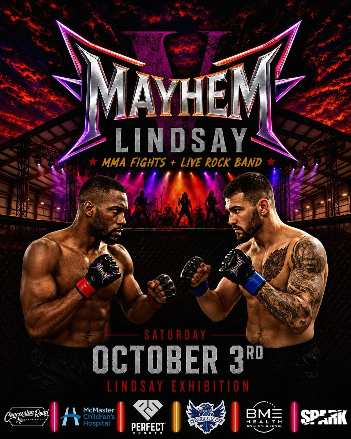 Mayhem 5: Lindsay 🔥 @MayhemFights returns on October 3rd!!

Live from the Lindsay Exhibition for another night of MMA and Rock&rsquo;n&rsquo;Roll 👊🎸 Tickets starting at $49

Tickets available now 🎟️ MayhemFights.com

#MFP5 #Lindsay #MMA #OntarioM