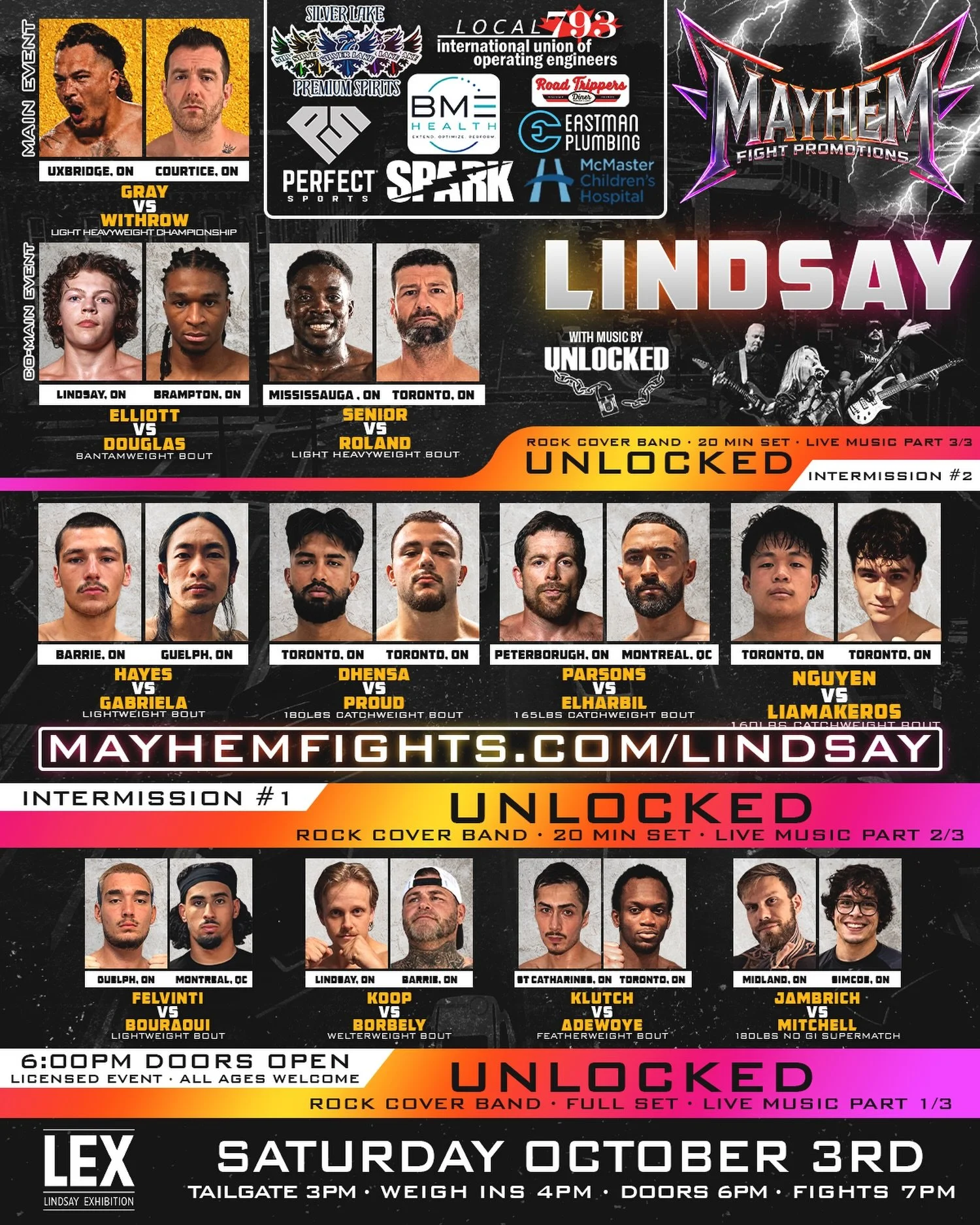 Stacked Fight Card in Lindsay on Saturday Night!! 🔥

Witness all the action live from the Lindsay Exhibition on October 3rd 🎟️ MayhemFights.com/Lindsay

📍 Lindsay Exhibition
📅 Saturday, October 3rd
🍻 Tailgate Party: 3 PM
⚖️ Live Weigh In: 4 PM
?