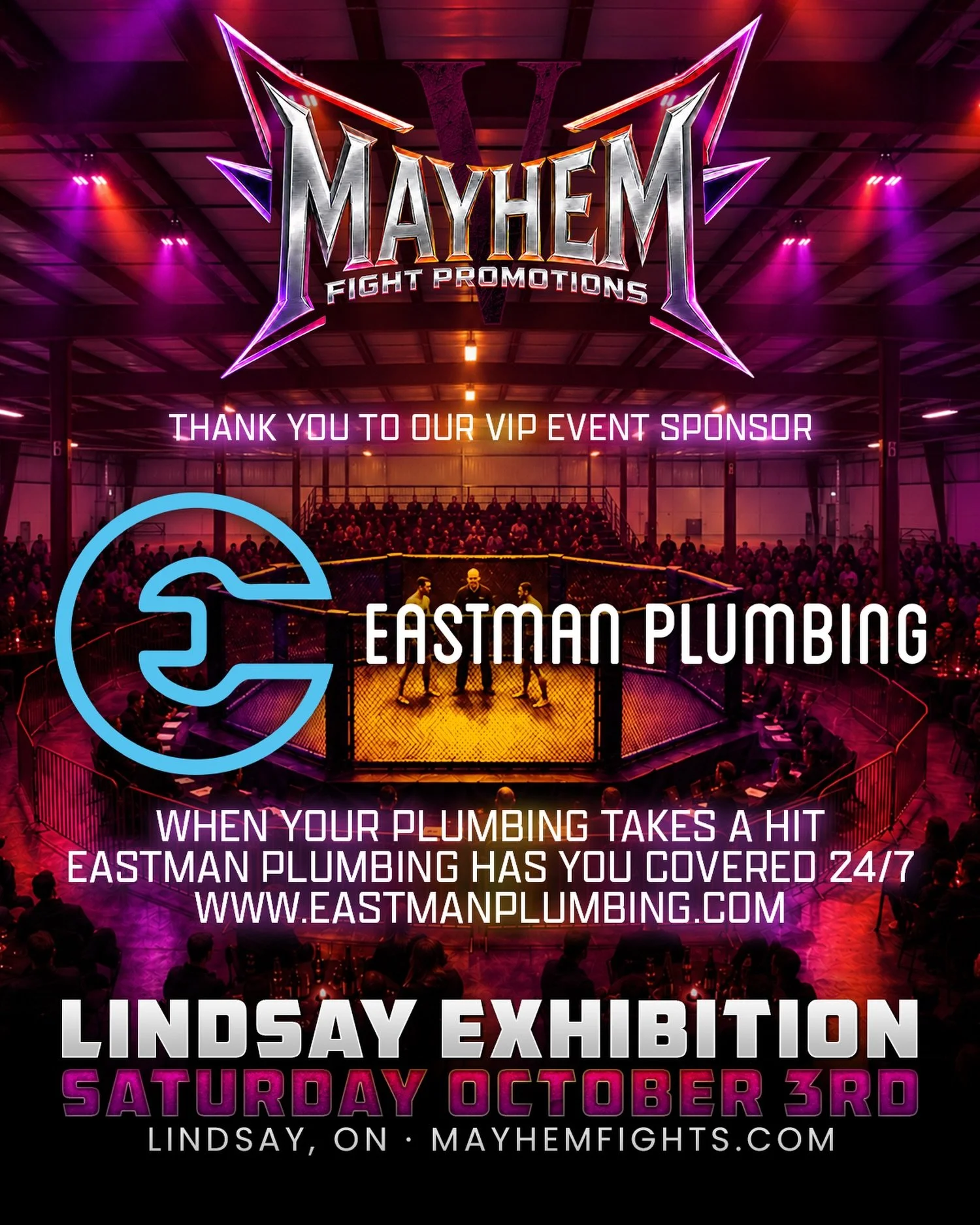 We&rsquo;re proud to have @EastmanPlumbing as a VIP Sponsor of Mayhem V: Lindsay!

When your plumbing takes a hit, Eastman Plumbing has you covered 24/7 🌐 www.eastmanplumbing.net

Thank you to Eastman Plumbing for supporting Mayhem and helping us de