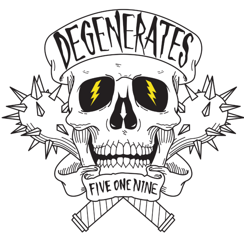 A black and white graphic design featuring a skull with yellow lightning bolts in the eye sockets, surrounded by spiked elements, a banner reading 'DEGENERATES' above the skull, and a banner reading 'FIVE ONE NINE' below.