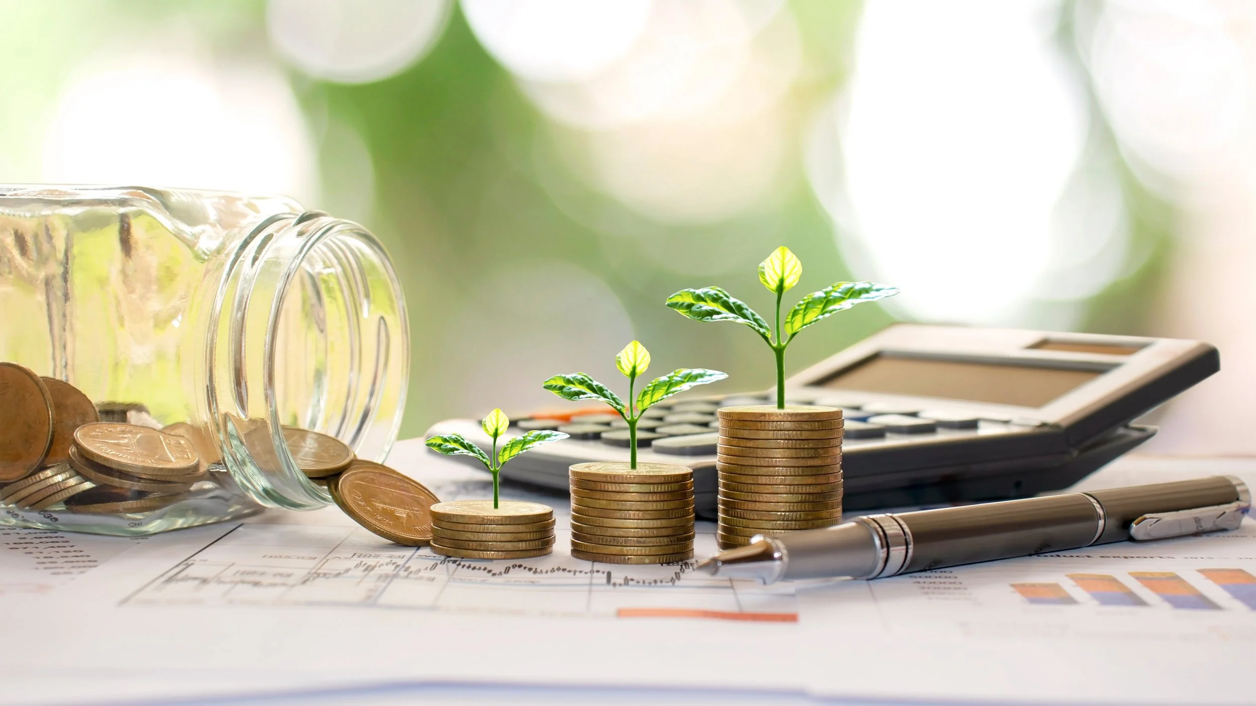 Piles of coins with small plants growing from them, a glass jar tipped over with coins spilling out, a calculator, and pens on documents, symbolizing savings and financial growth.