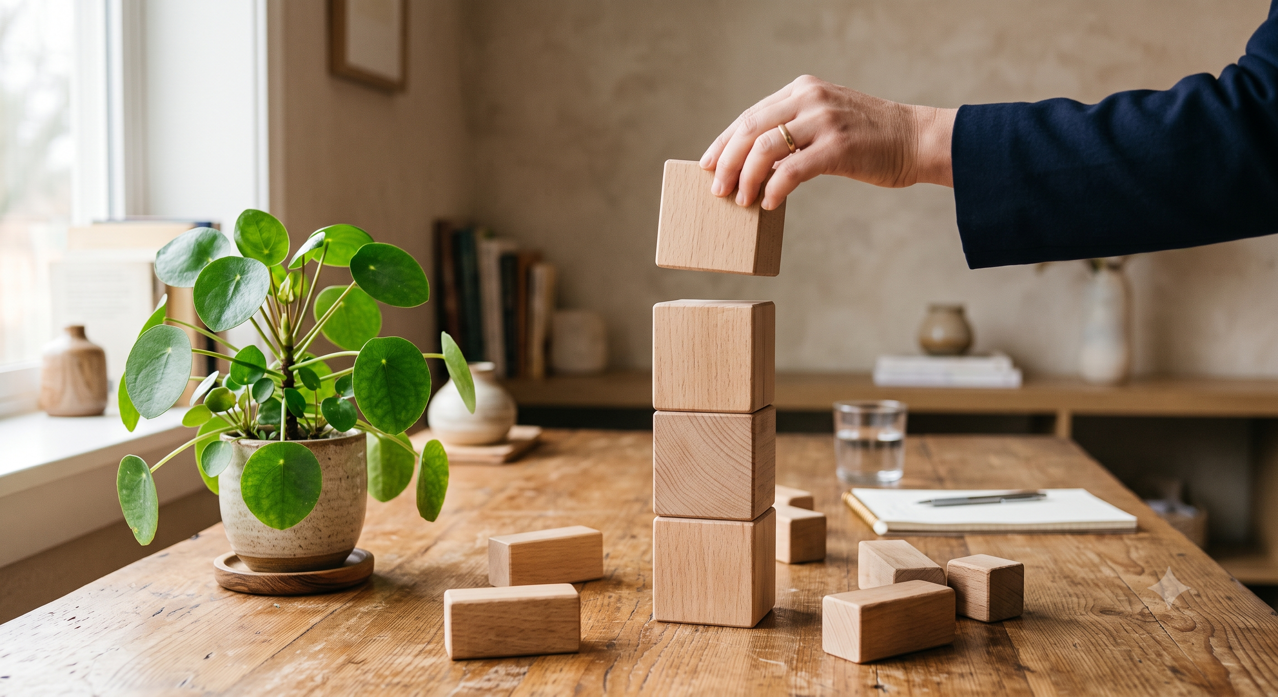A person stacking wooden blocks on a table, with a potted plant, a glass of water, and a notebook nearby, in a well-lit room.