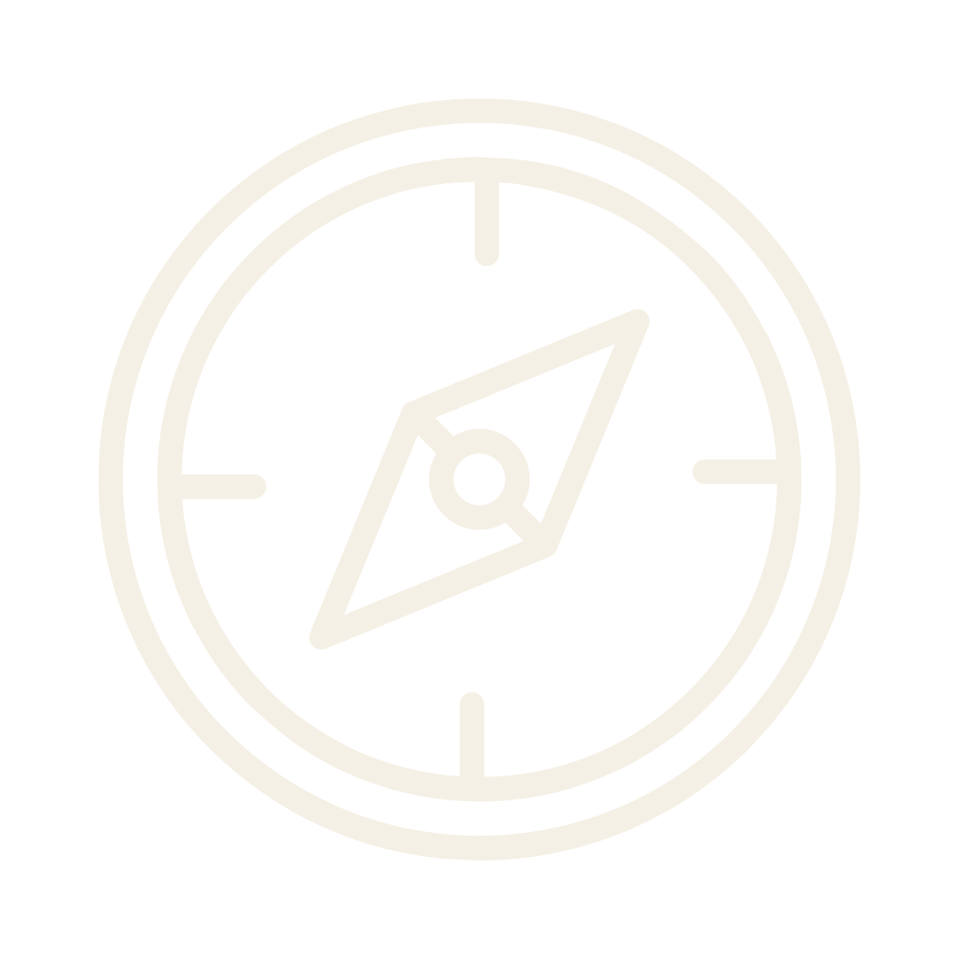 Black and white compass icon with a circular border and a diagonal needle inside.