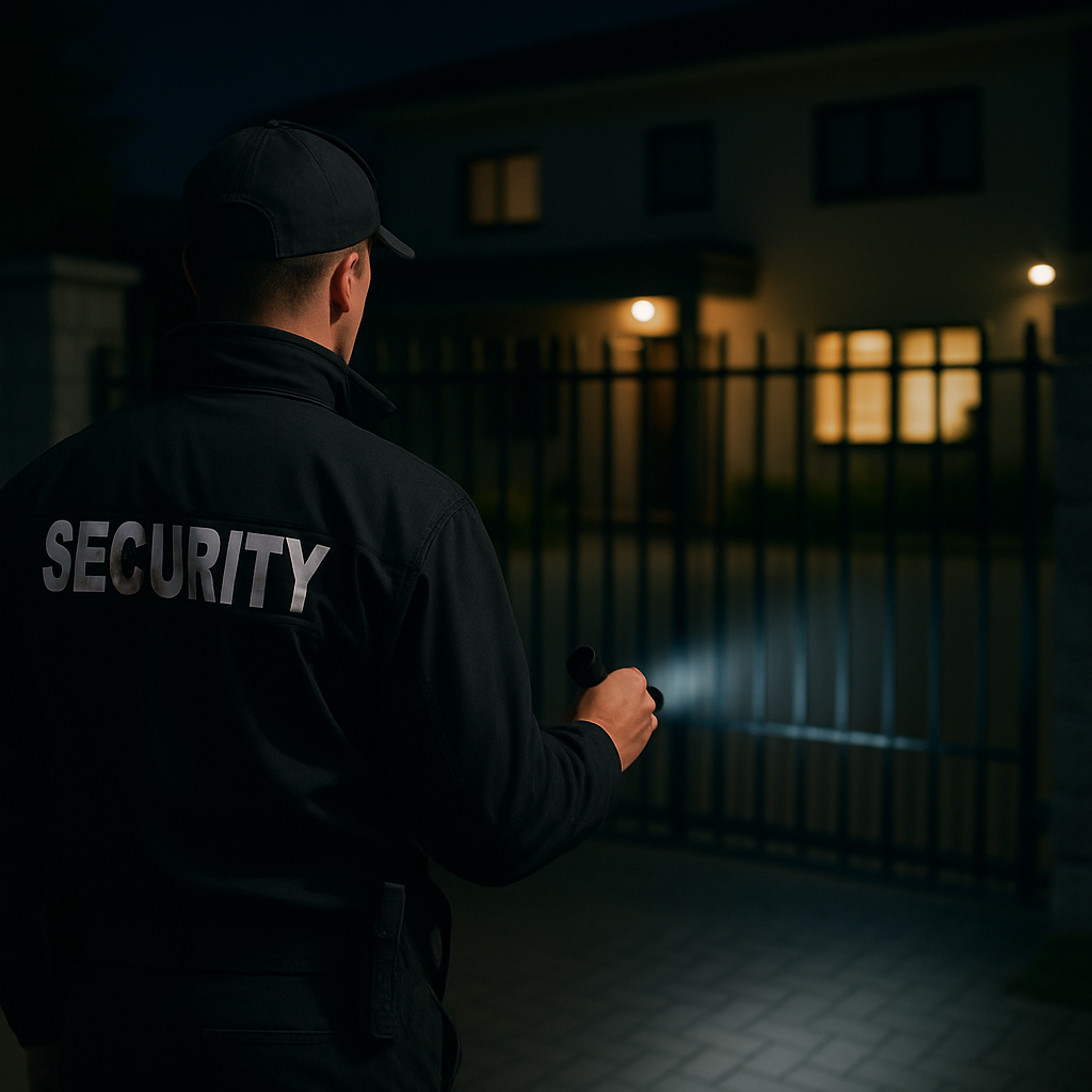 Security guard standing outside at night, using a flashlight near a closed gate.