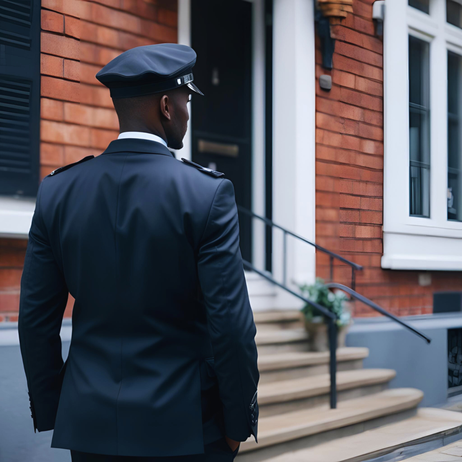 Back of a man in a police uniform standing outside a brick house, facing the front door during the day.