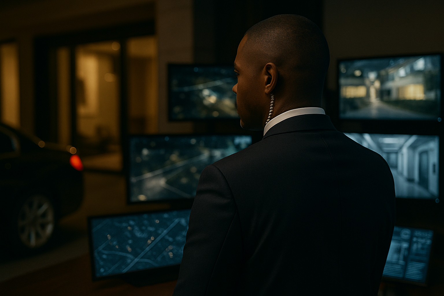 Private security officer monitoring multiple CCTV screens in a control room, ensuring real-time surveillance and situational awareness.