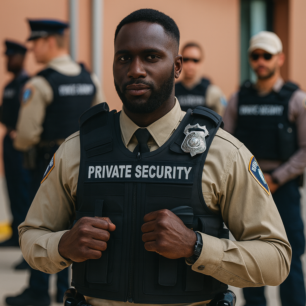 A security officer in uniform looking at the camera, with other uniformed officers blurred in the background.